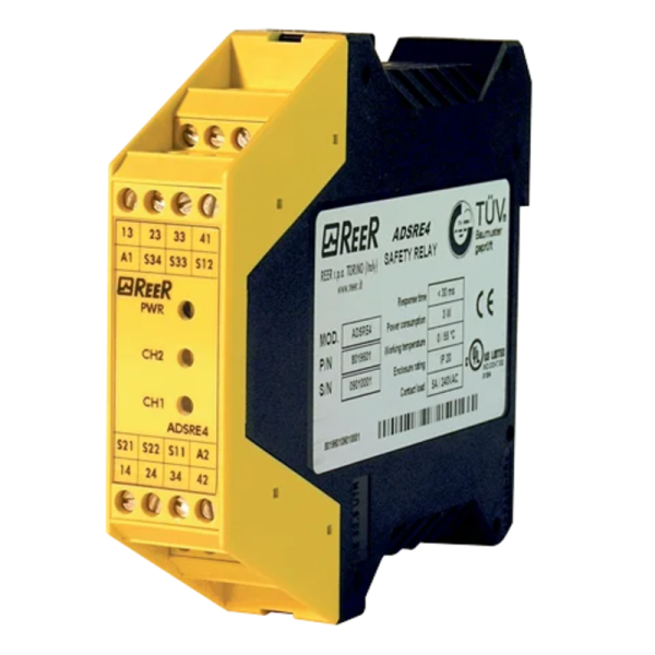 Relé de Seguridad Reer 2In Cat.4  3 relé NA + 1NC  Alim:24Vdc (Parada de emergencia, Sensor mag) AD SRE4